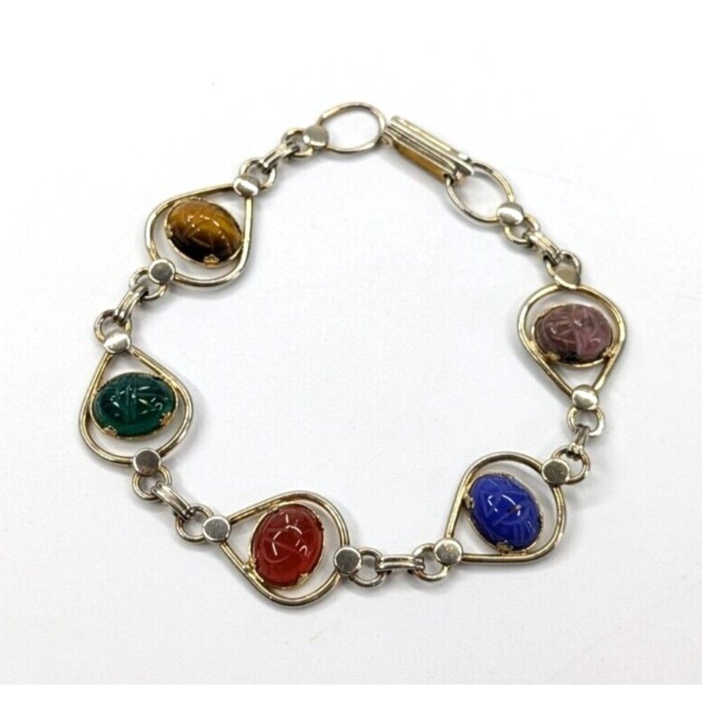 VTG Dixelle 1/20-12k Gold Filled Multi Color Scarab Carved Stone Tennis Bracelet